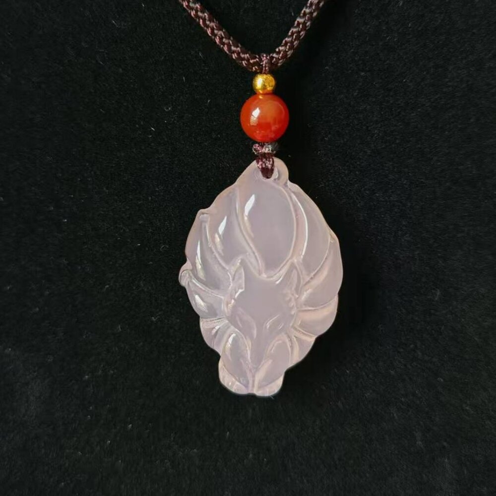 Hand-Carved Natural Pink Jade Nine-Tailed Fox Pendant Necklace Charm